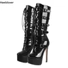 Ahhlsion Handgefertigte Damen-Winterstiefel, Punk-Schnalle, Stiletto-Absätze, runde Zehen, elegante schwarze Unisex-Schuhe, Damen, US-Größe 5–20