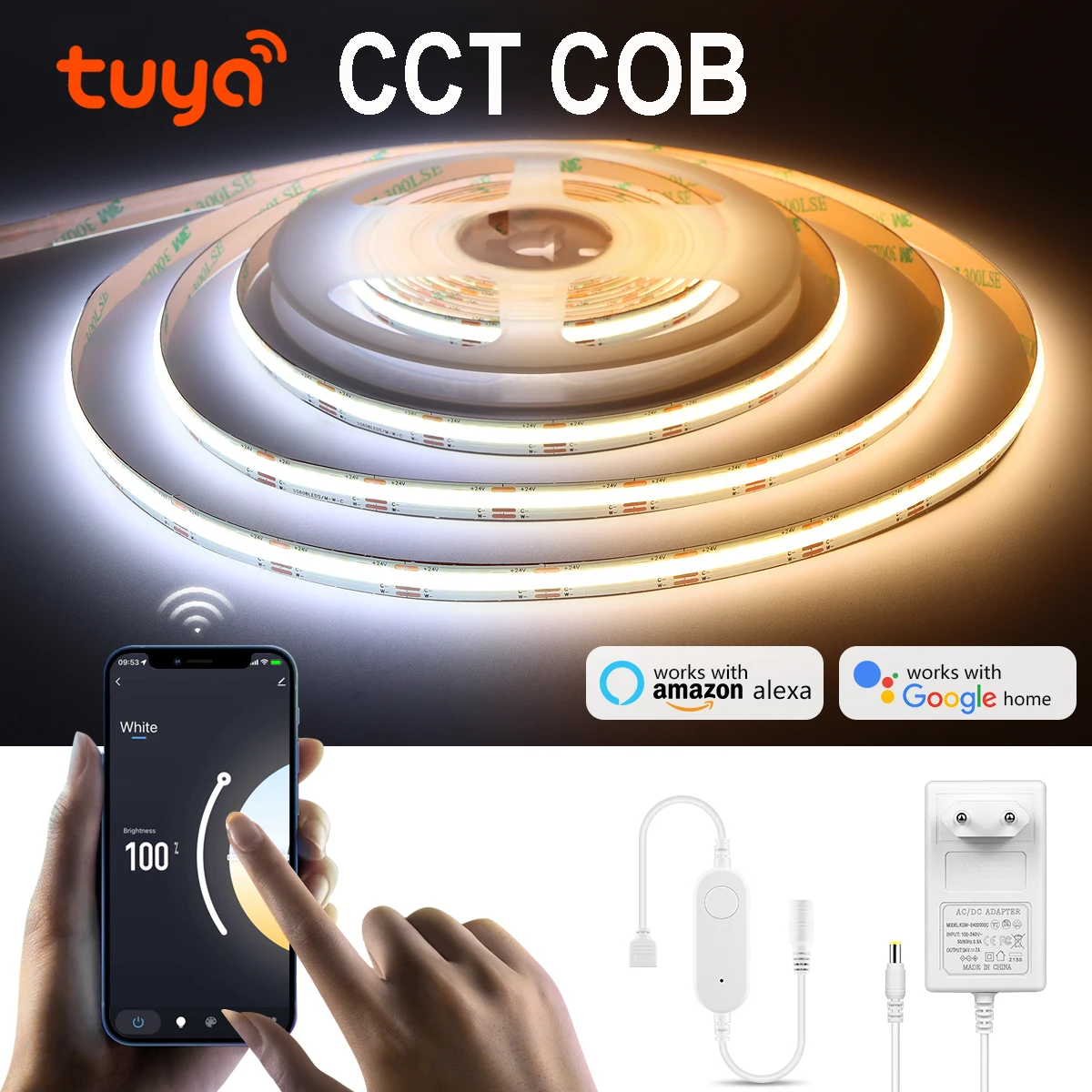 Cct cob led streifen licht smart lampe dc24v 120leds/m mit tuya smart life wifi steuerung warmweiß/natur weiß/weiß alexa google