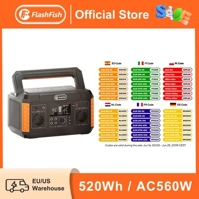 FF FlashFish Power Station 560 W tragbarer Solargenerator 230 V reine Sinuswellen-Wechselstromausgänge 520 Wh Lithiumbatterien für Solarpanel