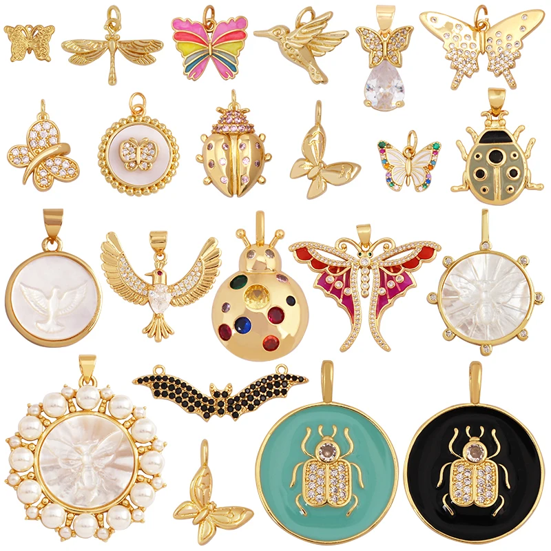 Einzigartiger Schmetterlings-Libellen-Vogel-Tier-Charm-Anhänger, feines süßes Insekt, 18 Karat Gold, Halskette, Armband für handgefertigte Schmuckversorgung K48 Image