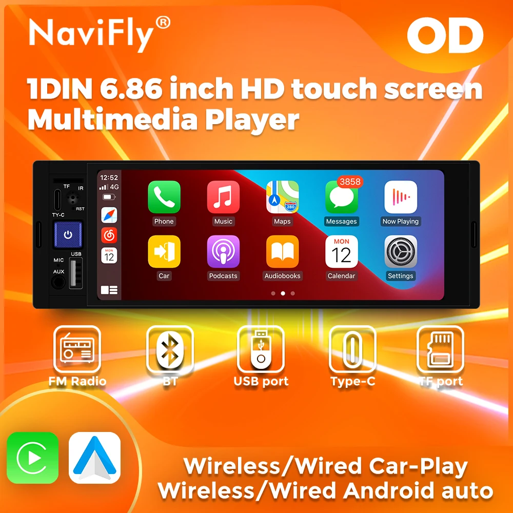 1 DIN 6,86 ZOLL Universal HD Touchscreen Multimedia Autoradio unterstützt drahtloses Carplay Android Auto USB Typ-C BT SD FM Radio Image
