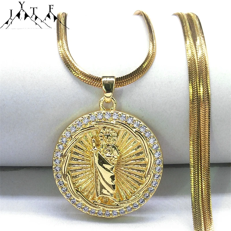 San Judas Tadeo Anhänger Halskette für Frauen Männer Saint Jude Thaddeus Edelstahl Kupfer Glänzend Zirkon Religiöse Schmuck Geschenke Image