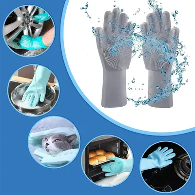 Wiederverwendbare Silikon-Geschirrspülhandschuhe, Haarentfernung, Haustier, Baden, Massage, Image