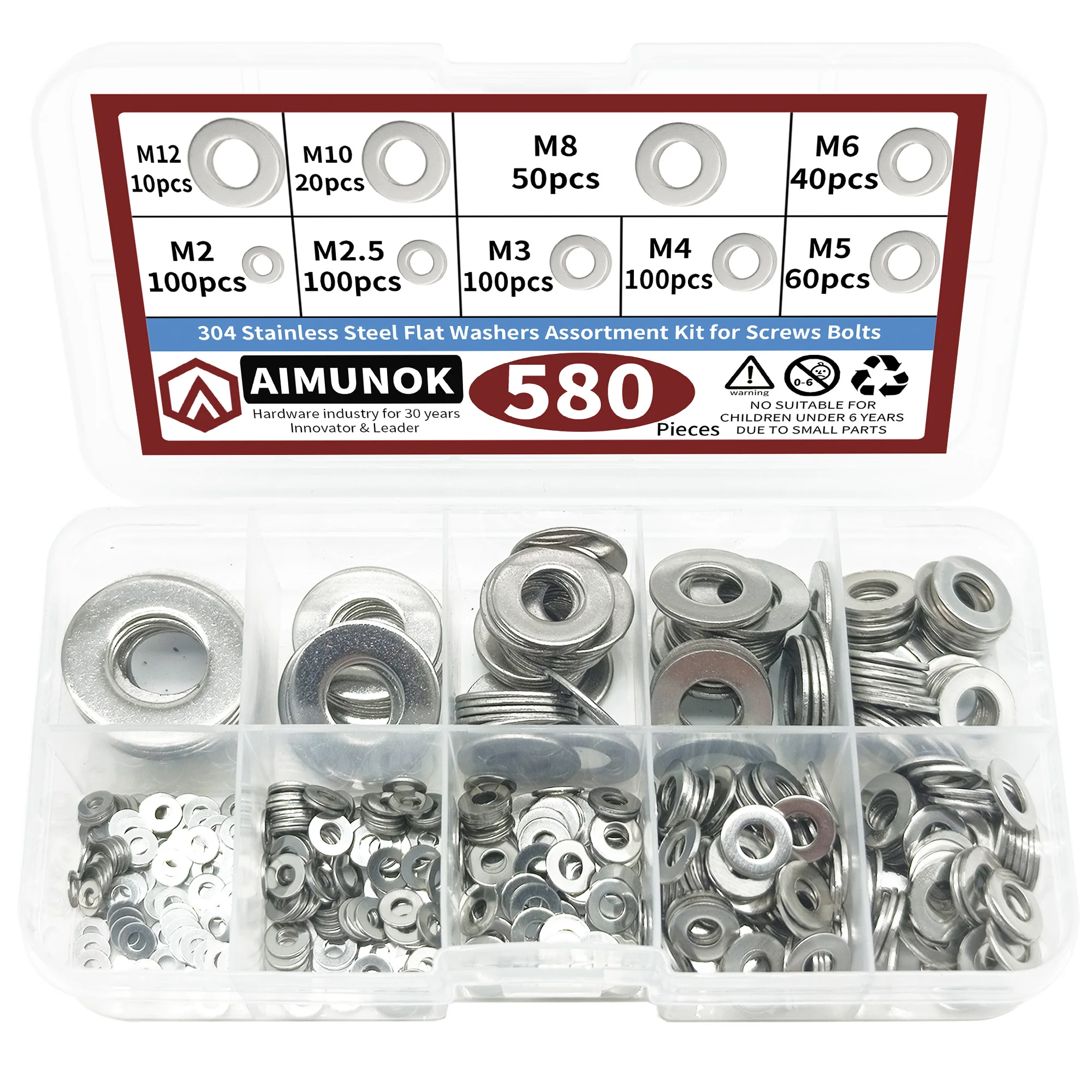 360 Stück/580 Stück 9 Größen 304 Edelstahl-Unterlegscheiben-Sortiment-Set (M2 M2,5 M3 M4 M5 M6 M8 M10 M12) geeignet für Heimdekoration Image