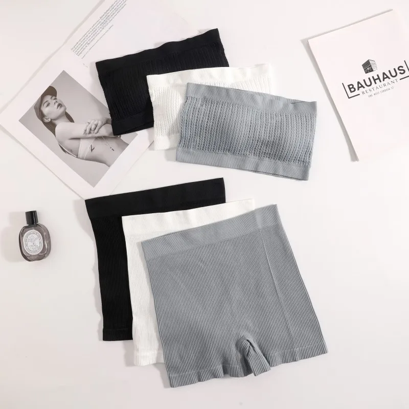 Frauen nahtlose BH-Set gerippte Sports horts Komfort Dessous Set nicht Draht Bra lette weibliche träger lose Bandeau Unterwäsche Set