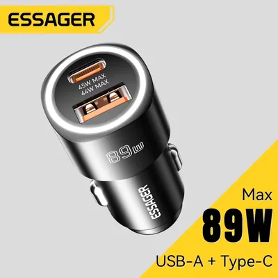 Essager USB C Autoladegerät 89 W 2 Ports Super Fast Charge PD QC 3.0 Autotelefon-Ladegerät für iPhone 15 Xiaomi Huawei Oneplus Realme