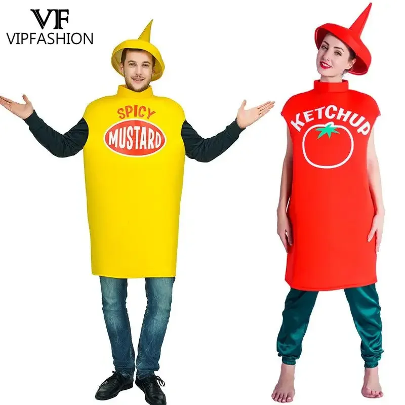 VIP Mode Paar Cosplay Kostüm würzigen Senf Ketchup Halloween Anzug lustige Party Outfit mit Hut Frau Mann Urlaub Kleidung Image