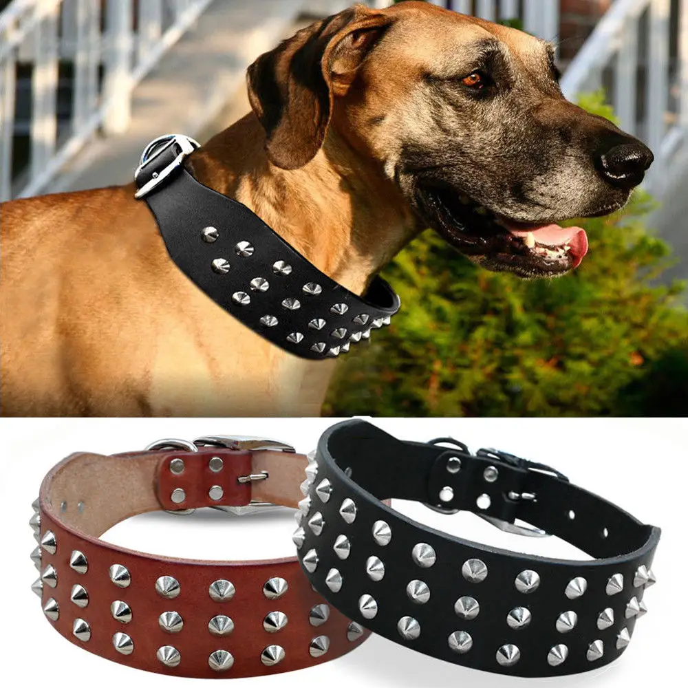 Hundehalsband aus echtem Leder für große Hunde, coole Nieten, Nieten, Spikes, Haustierhalsband für Pitbull Mastiff Boxer XS S M L Schwarz Braun