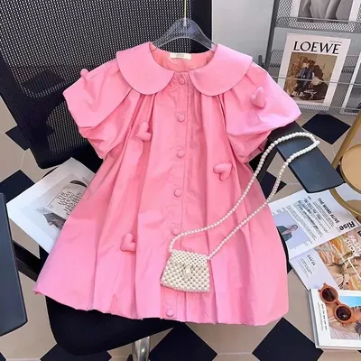 Sommer Mädchen Kleid Einfarbig Herz Dekoration Puffärmel Prinzessin Kleid für 3 4 5 6 8 10 Jahre Image