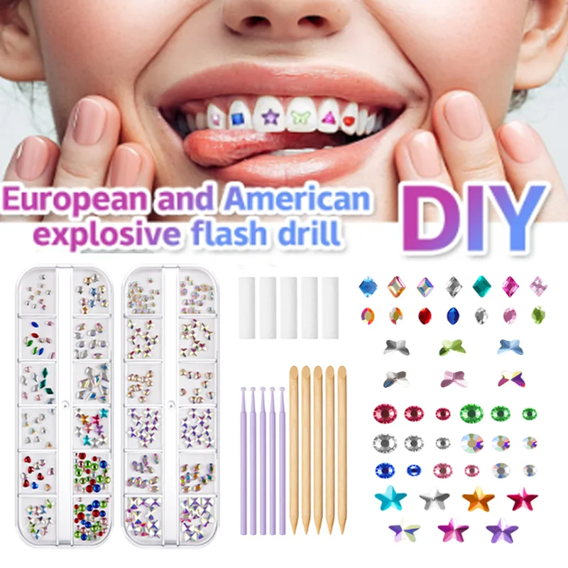 12-Gitter-Zahn-Edelsteine-Set, Zahn-Edelsteine, Kristalle, Diamanten, Pferdeaugen, Schmetterlinge, Herzen, verschiedene Formen, orale Dekorationen Image