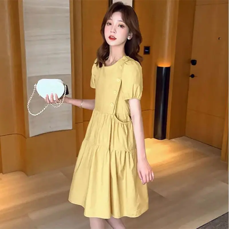 2021 lose Elegante Koreanische Casual Tuniken Prom frauen Kleider Gelb Leinen Vintage Plus Größe Sommer Licht Kleid Mode Midi robe