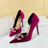 Mode Frauen High Heel Strass Schnalle Bogen Grün Rosa Spitz Party Pumpen Samt Luxus Elegante Hochzeit Abend Schuhe