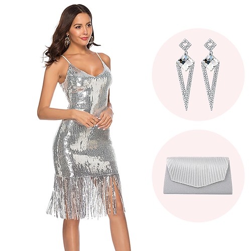 Retro Vintage Goldene Zwanziger 1920er Knielang Flapper Kleid Outfits Ärmellos Der große Gatsby Hochzeitsgast Pailletten Quastenfransen V Ausschnitt Kostüm Damen Weihnachten Karneval Maskerade Image