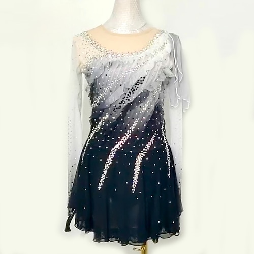 Eiskunstlaufkleid Damen Mädchen Eislaufen Kleider Schwarz Blau Patchwork Daumenloch Gitter Hochelastisch Ausbildung Wettbewerb Eiskunstlaufkleidung Klassisch Langarm Eislaufen Eiskundstlauf Image
