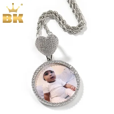 THE BLING KING Round Heart Clasp Medallions Custom Photo Memory Pendant Engrave Name HipHop Jewlery