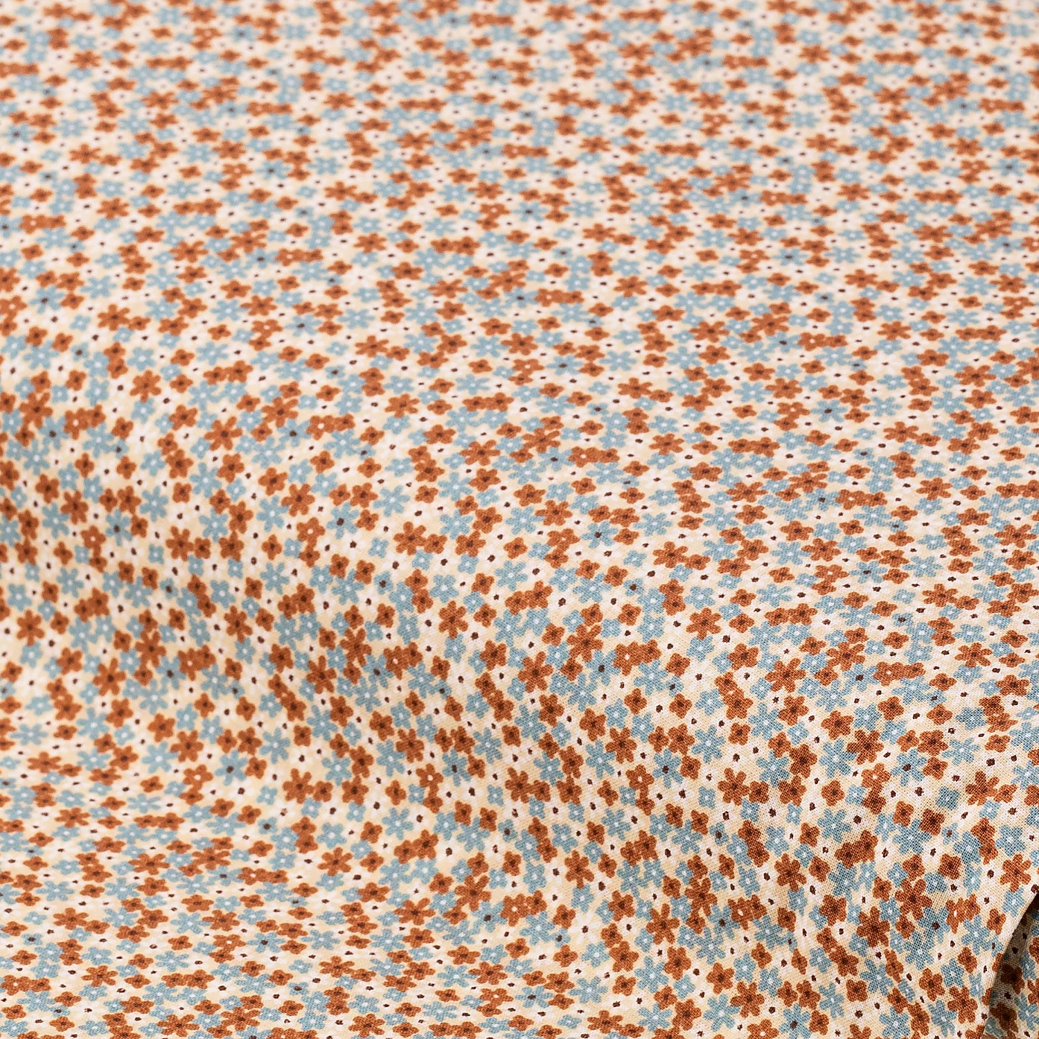 Tissu coton "mille fleurs", bleu/marron/écru naturel, série "Mona