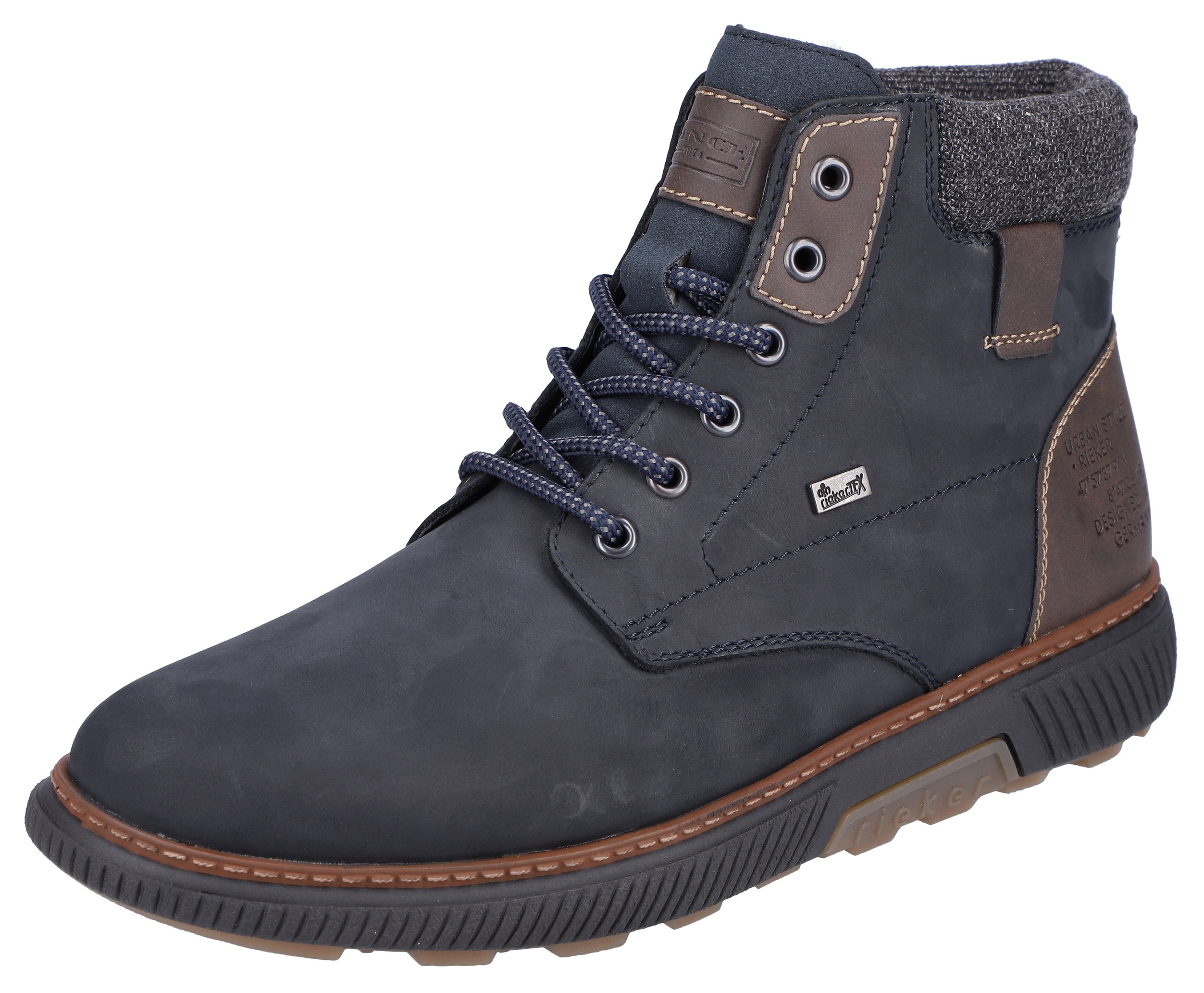 Winterboots RIEKER, Herren, Gr. 46, bunt (dunkelblau, braun), Lederimitat, Nubukleder, Textil, unifarben mit Farbeinsatz, Schuhe Winterboots, High Top Sneaker, Schnürstiefelette mit TEX-Membran, schmale Form