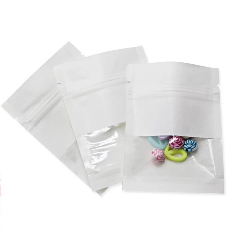 Custodia per sacchetti con chiusura lampo Kraft marrone bianco da 100 pezzi con finestra trasparente Sacchetti di carta Kraft piatti piccoli con chiusura a zip per regali