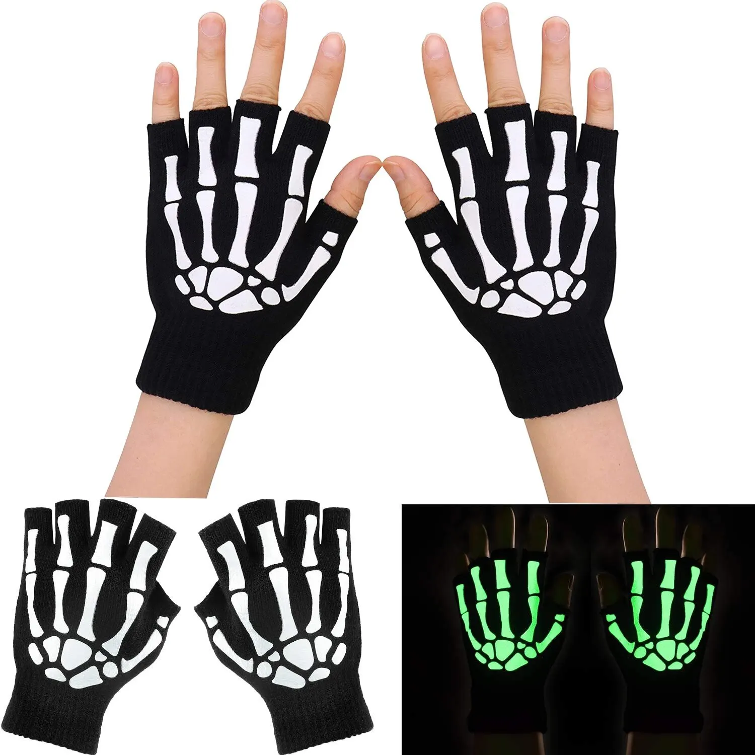 Blacklight Glow Skeleton Handschuhe Halbfinger – Fluoreszierende Strickkrallen für Rave Cosplay Halloween Party, ungiftig Image