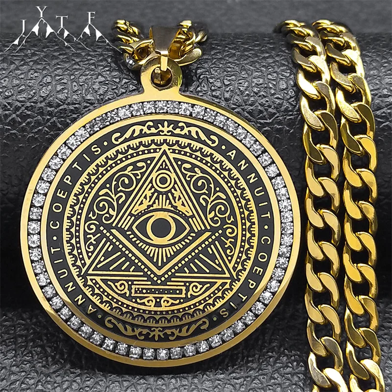 Auge der Versorgung Illuminati Pyramide Hip Hop Kristall Große Halskette Herren Kette Edelstahl Gold Farbe Zubehör Mann NZZZ488 Image