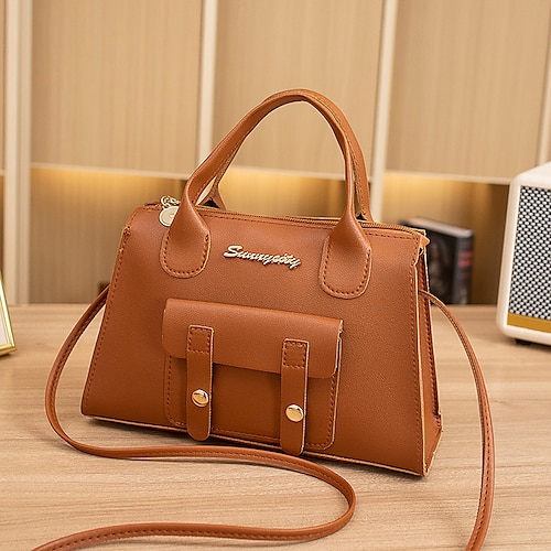 Weiße Damenhandtasche aus Kunstleder mit Tragegriff oben und Schnallendetail vorne – elegante, strukturierte Umhängetasche für Büro, Reisen und den täglichen Gebrauch
