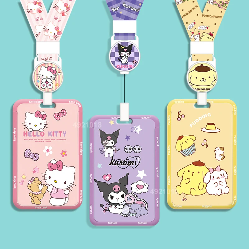 Sanrio Lanyard Access Card Holder Hello Kitty Melody Kuromi Students Campus Bus Card Holder Elastic Badge Reel Work Card Case
