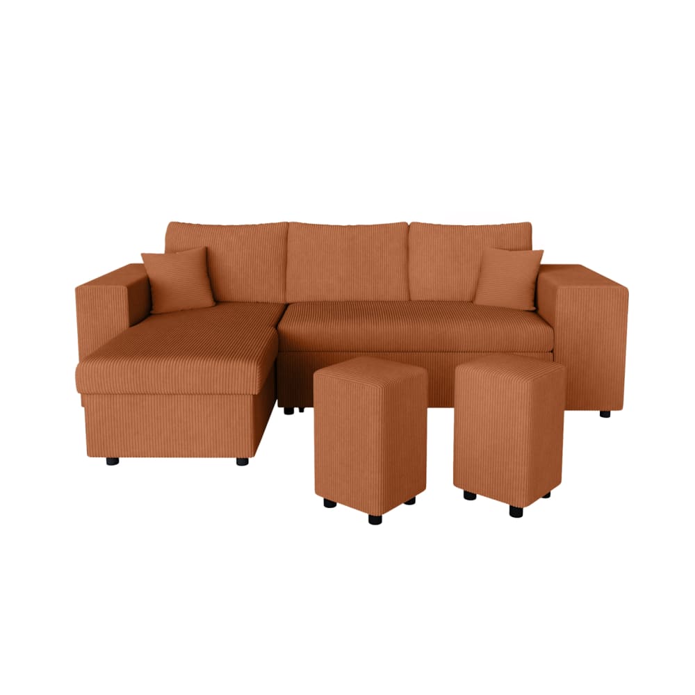 Canapé convertible 2 poufs droit et étagère velours côtelé Terracotta