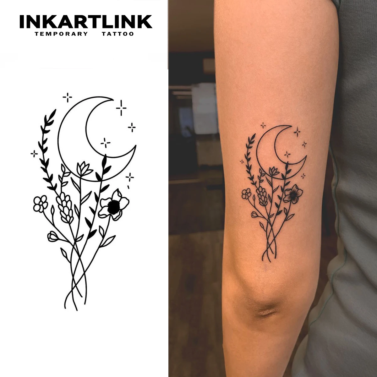Temporäres Tattoo mit Blumen und Mond, hält bis 15 Tage, magischer, wasserfester, semi-permanenter Aufkleber mit neuer Technologie. Image