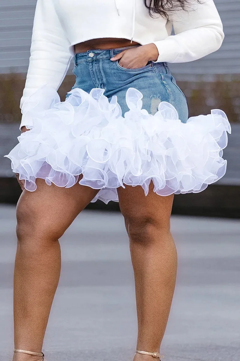 Plus Größe Blau Casual Denim Tüll Taschen Rock Sexy Hohe Taille Streetwear Vintage Mini Röcke für Frauen Sommer Mode Rock