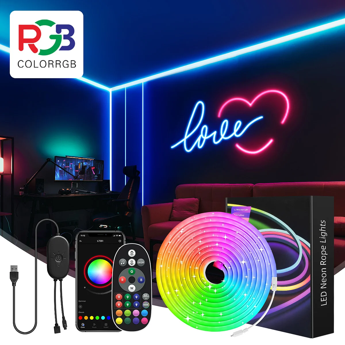 LED-Neon-Lichterkette, Steuerung mit App/Fernbedienung, flexible LED-Lichterkette, mehrere Modi, IP67-RGB-Neonlichter für den Außenbereich