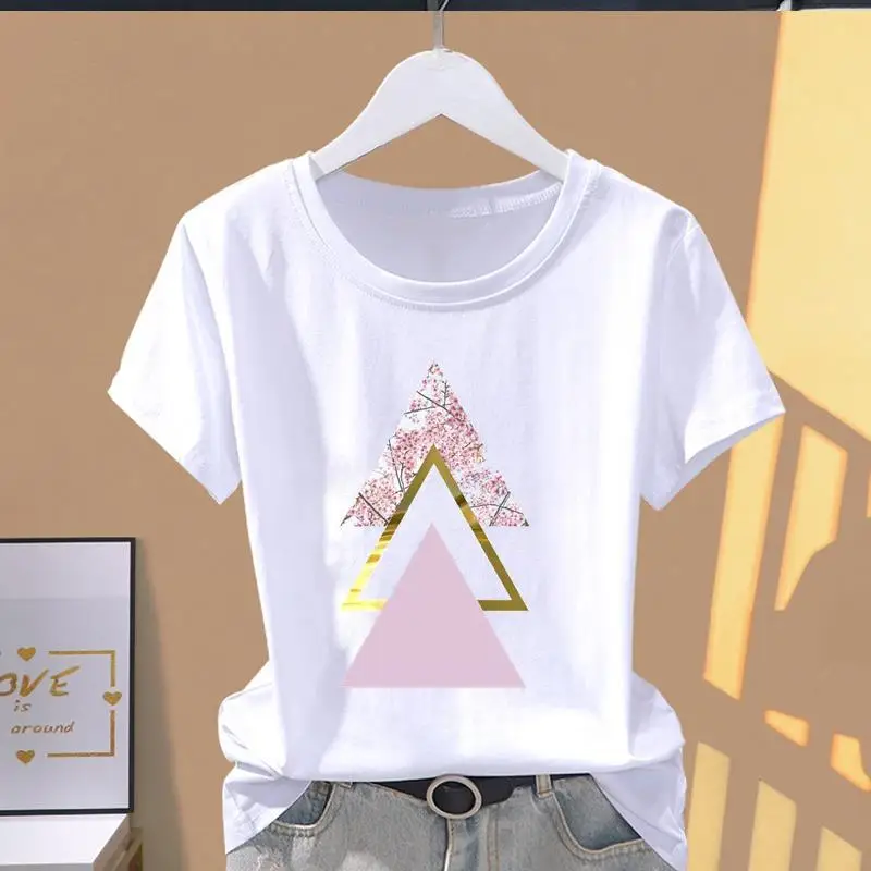 T-shirt classica da donna a maniche corte con stampa a trapezio rosa, girocollo, best-seller, alla moda, sportiva, estiva, in modal