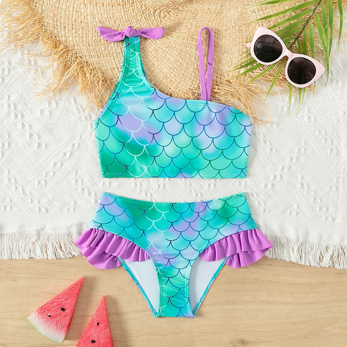 Böhmen Stil Fischs chuppen Druck Mädchen Kinder Bikini Set Falbala Bogen Deko Baby Kinder Bade bekleidung Badeanzug Sommerferien Strand kleidung Image