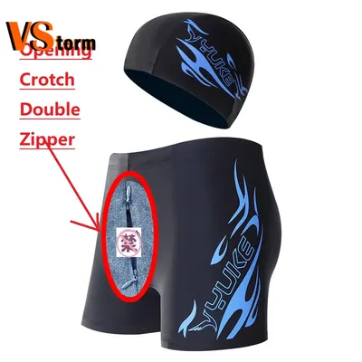 Männer Schwimmen Öffnen Gabelung Boxer Badehose Offene Doppel-kopf Zipper Liebe Erwachsene Badehose Große-größe Badeanzug frei Nehmen Off Hosen Image