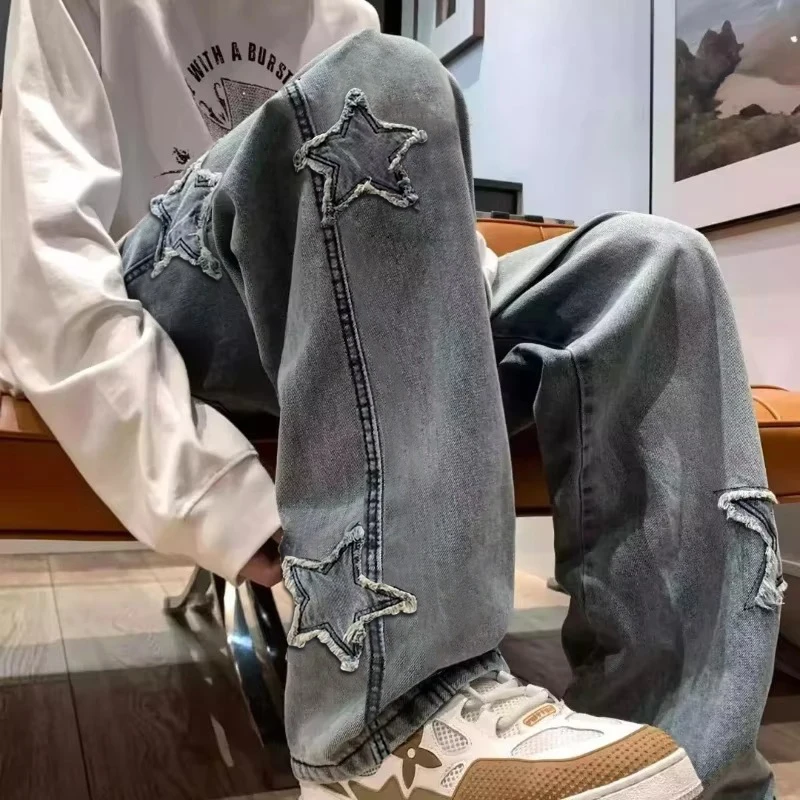 Sterne Patchwork Männer Jeans neue Mode y2k Quaste Hosen Korea Kleidung gerade Hip Hop Spleiß hose männliche Streetwear