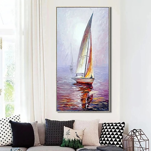 Ölgemälde handgefertigte abstrakte Segelboot-Kunst auf Leinwand, handgefertigtes nautisches Ölgemälde auf Leinwand, große Segelschiff-Gemälde, Wandkunst, modernes Seestück-Gemälde für Schlafzimmer, Image