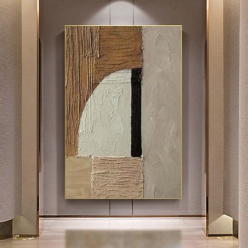 handgemaltes braun-weißes Wabi-Sabi-Wandbild, braun-schwarzes abstraktes Gemälde auf Leinwand, weißes Strukturgemälde, großes neutrales Wanddekor für Wohnzimmer, gespannter Rahmen Image