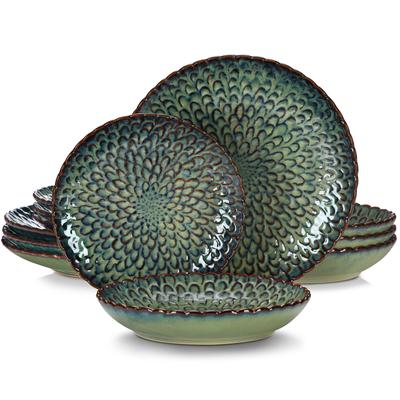 TEMU 12pcs Dinner Set, Stoneware Green Plates Bowls Set, For Home Kitchen Restaurant Hotel, Kitchen Supplies, Tableware Accessories, Service For 4 Image