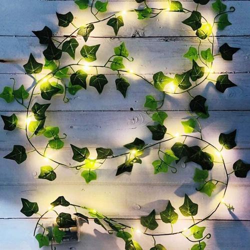 Künstlicher Efeu, 2 m lange Blatt-Lichterkette, künstliche Pflanzen mit 20 LEDs und grünem Blatt,