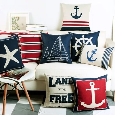 45x45cm nautisches marineblaues nautisches Muschel-Seestern-Kissen, Ozean-Kissenbezug, Sofa-Erkerfenster-Kissen, Heimdekoration, Kissenbezug Image