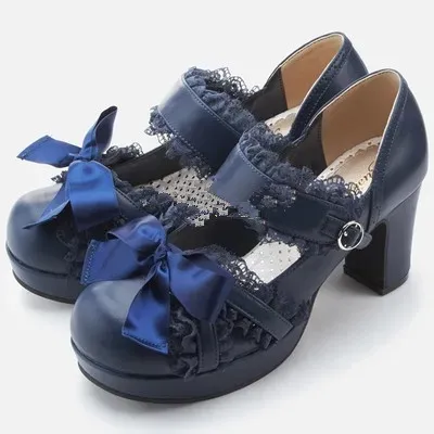 Neue japanische süße Spitze Lolita Prinzessin Schuhe süße Schleife runden Kopf schwarz wasserdichte Plattform College Frauen Schuhe Image