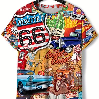 TEMU Men's Retro Vintage Car & Americana Graphic T-shirt - Lightweight Breathable Short Sleeve Casual Tee With Full-body Print For Trips & Outdoor Activities, Vintage T Shirts Image