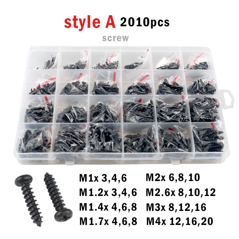 450–2010 Stück M1 M1,2 M1,4 M2 M3 M4 schwarzes Kreuz Kreuzschlitz-Rundkopf-Schraubkohlenstoffstahl, selbstschneidendes Holzschraubenset, Box-Set Image