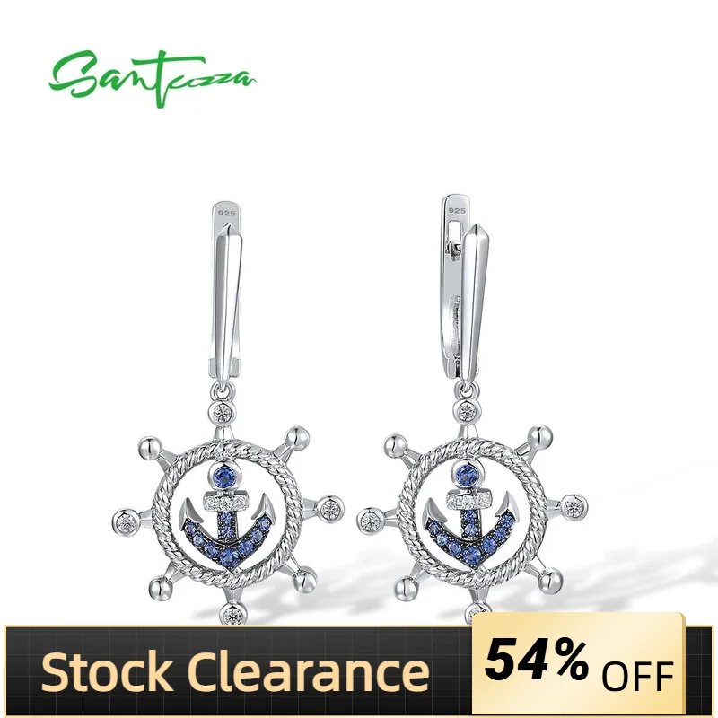 SANTUZZA Reine 925 Sterling Silber Ohrringe Für Frauen Blau Nano Weiß Zirkonia Einzigartige Ruder Anker Trendy Edlen Schmuck Image