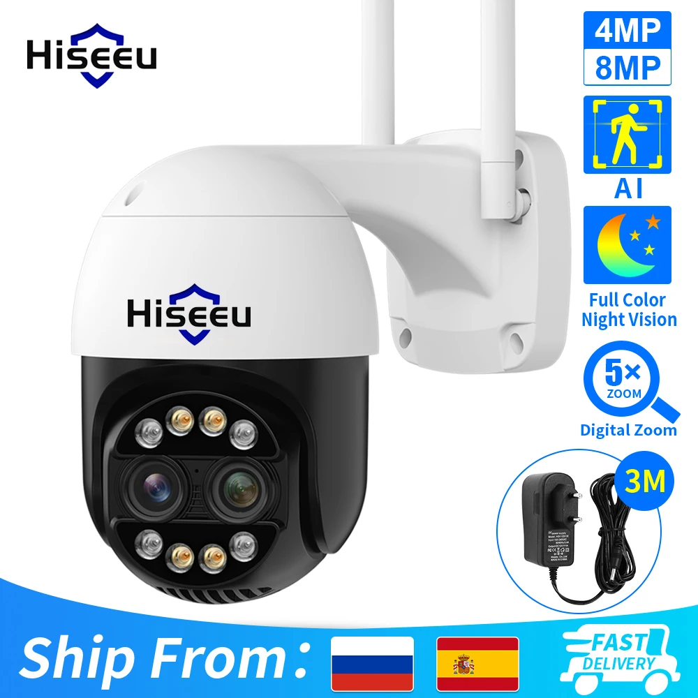 Hiseeu 4K 8MP Dual Lens PTZ Wifi IP Kamera 8X Zoom Outdoor HD Voll Farbe Nachtsicht Menschlichen Erkennung video Überwachung Kameras Image