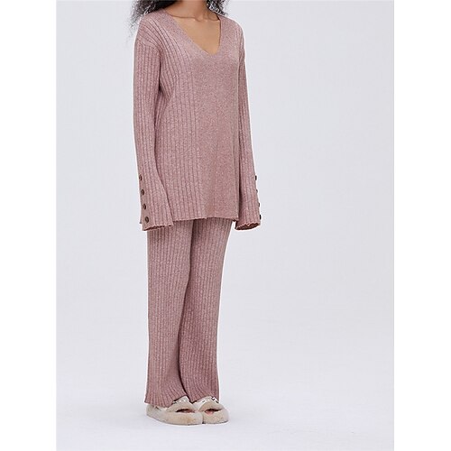 pigiama da donna set colore puro moda base comfort casa quotidiano letto maglia traspirante v wire manica lunga maglione pantaloni bottone elastico in vita autunno inverno casa abiti