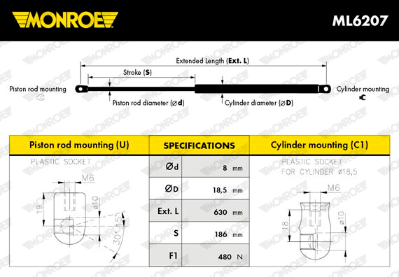 MONROE Gasfeder, Koffer-/Laderaum 480N für LAND ROVER LR025379 BJ32406A10AB ML6207 Image