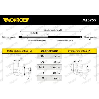 MONROE Gasfeder, Koffer-/Laderaum 595N für CITROËN 8731.T0 8731.P4 9654433580 ML5755 Image