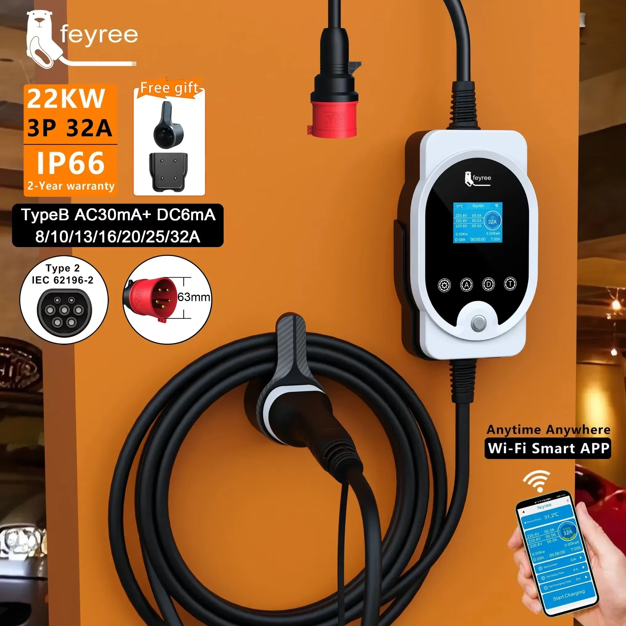 feyree 22KW EV Tragbares Ladegerät Typ2 Kabel 32A 3Phase EVSE Wallbox Wi-Fi APP Intelligente Schnellladestation für Elektrofahrzeuge Image