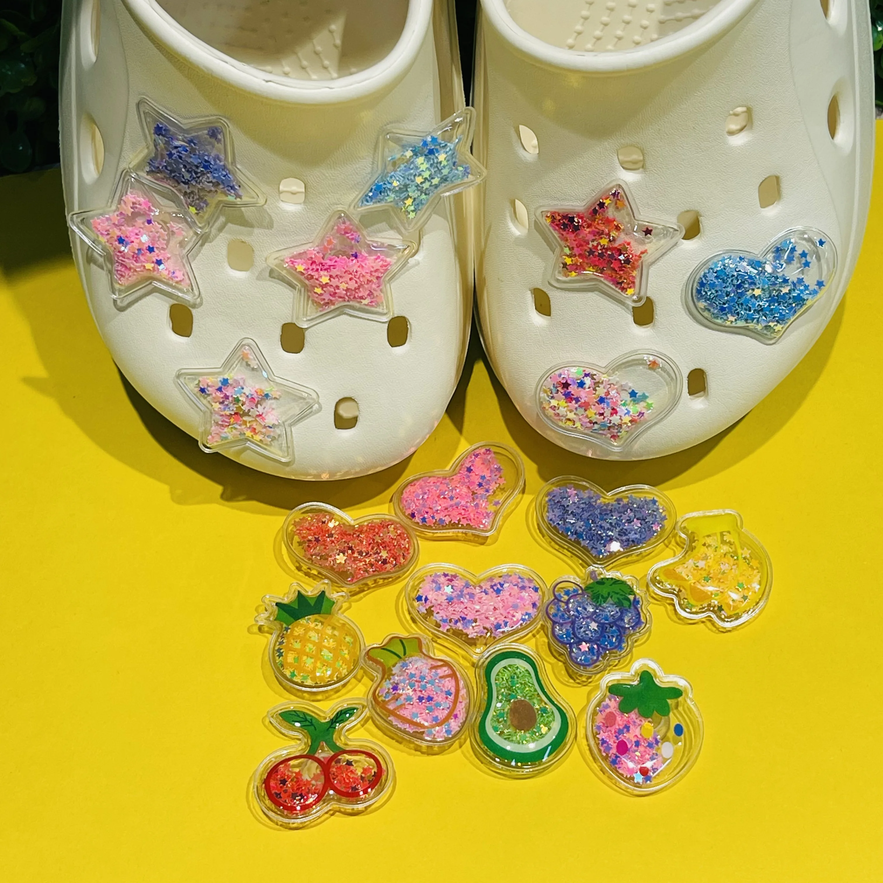 6-19 Stück glänzende helle Sterne Liebe Obst Schuh Charms PVC DIY Schuhe Dekoration Sandale Zubehör Schnalle für Kinder Geschenke