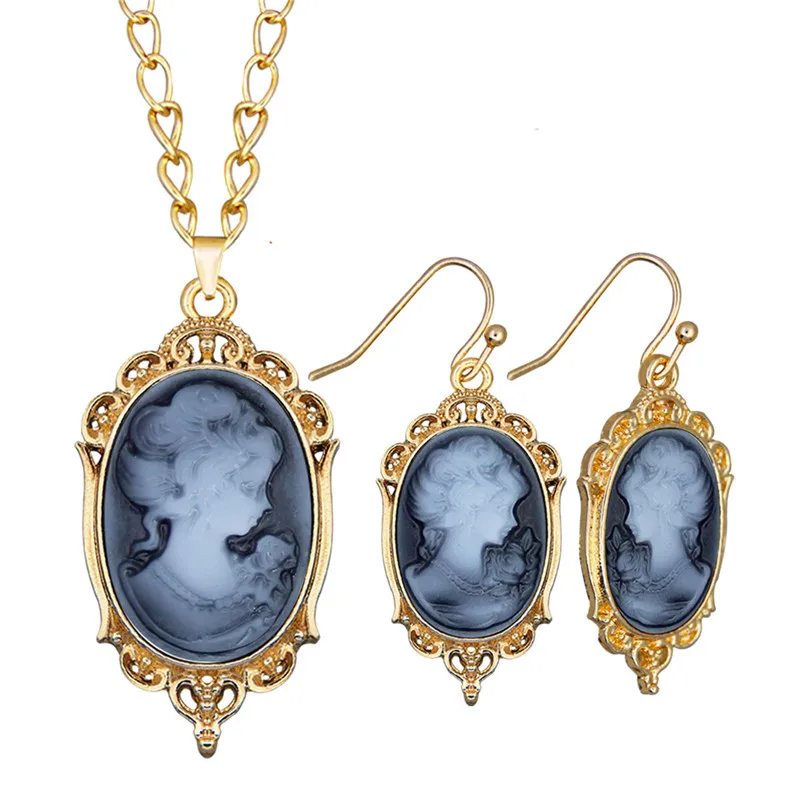Victoria Anhänger Lady Queen Cameo Halskette Ohrring Set für Frauen Gold Farbe Rot Weiß Perle Modeschmuck